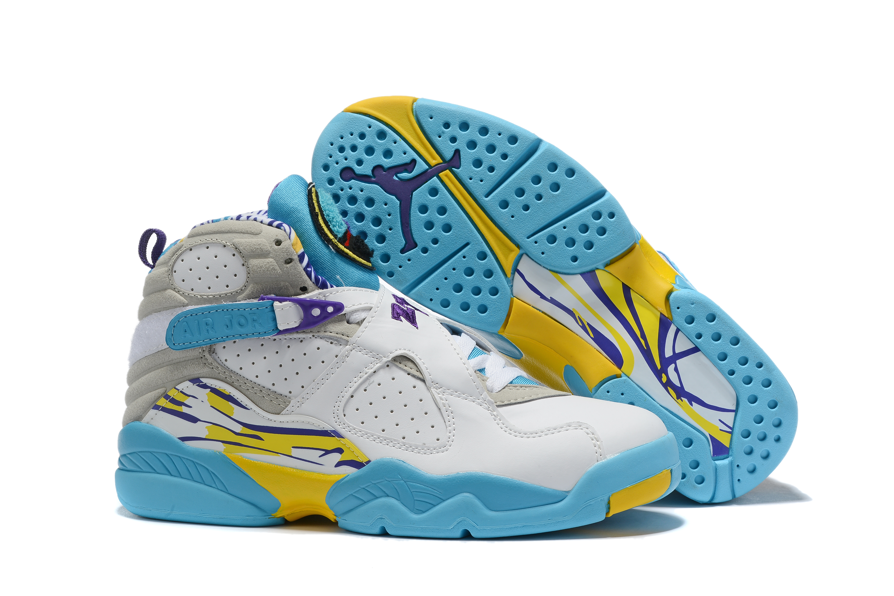 2019 Air Jordan 8 White Jade Blue Grey Yellow Shoes - Click Image to Close